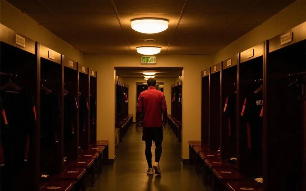 球队更衣室走廊的背影，灯光温暖、决赛前夜的紧张与期待